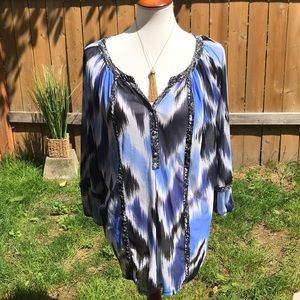 Alfani Blue Tie Dye Split Neck Pullover Blouse 2X